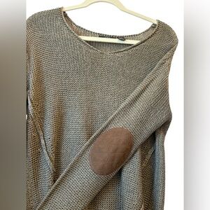 RDI V-Neck Green Knit Sweater with Brown Elbow Patches Size Small Dark Academia